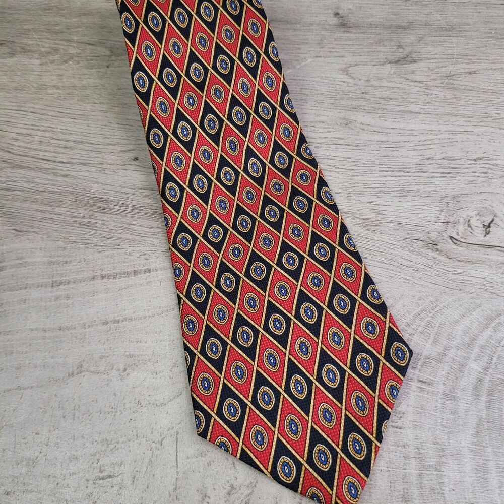 Tommy Hilfiger Mens Necktie Tie Red Blue Diamond Geometric Pattern Silk USA